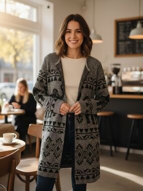 Absolutely Famous Grey Elephant Patterned Open-Front Cardigan